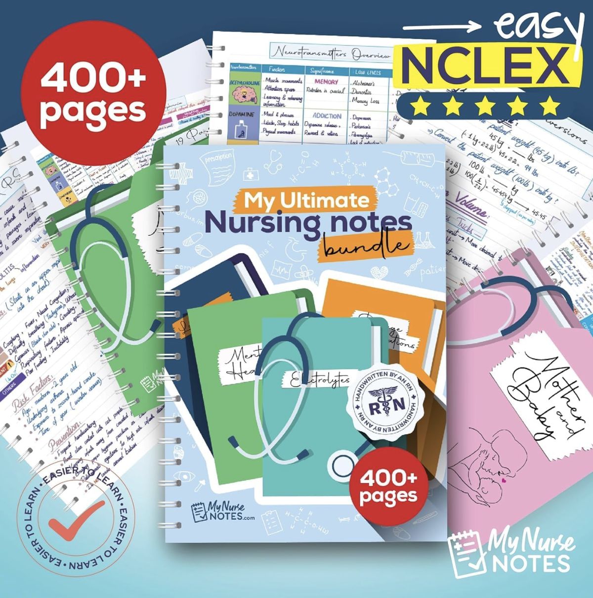 My Ultimate Nursing Notes Bundle, spiral-bound, surrounded by handwritten note pages